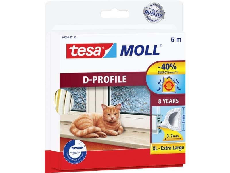 Tesa D-profil 05393-00100-01 tätningstejp filt vit, L x B 6 m x 9 mm (05393-00100-01)