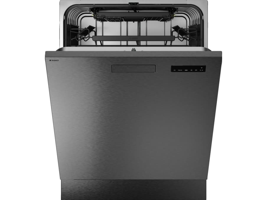 Asko DBI344IB.BS inbyggd diskmaskin med front i svart stål (8 Steel-konstruktion) samt ett flexibelt korgsystem med en praktisk övre bestickkorg