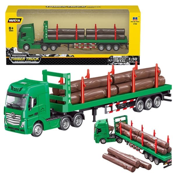 Timber truck modell 1:50 metall/plast med släp och trästockar 29 cm
