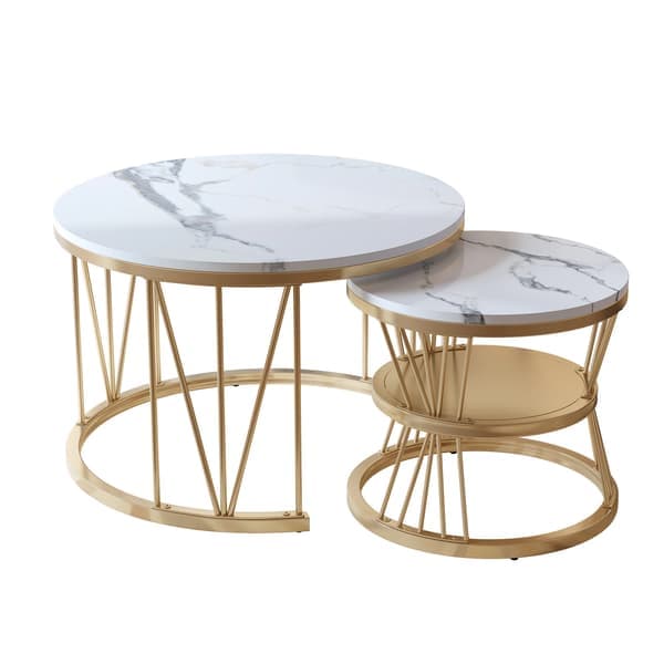 Soffbord - Set med 2 Runda Satsbord - Ø70×H45 cm & Ø45×H40 cm - Nästbara - Modern Minimalistisk - Vit, Svarta Ben