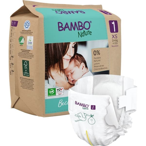 Babyblöja, tejpblöja, miljömärkt, Bambo Nature, 1, papperspåse, 2-4 kg - (6 förpackningar x 22 st.)