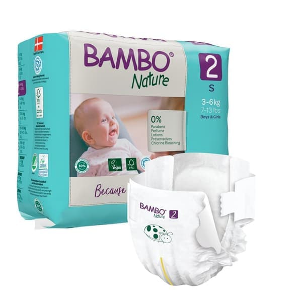 Babyblöja, tejpblöja, miljömärkt, Bambo Nature, 2, 3-6 kg - (6 förpackningar x 30 st.)