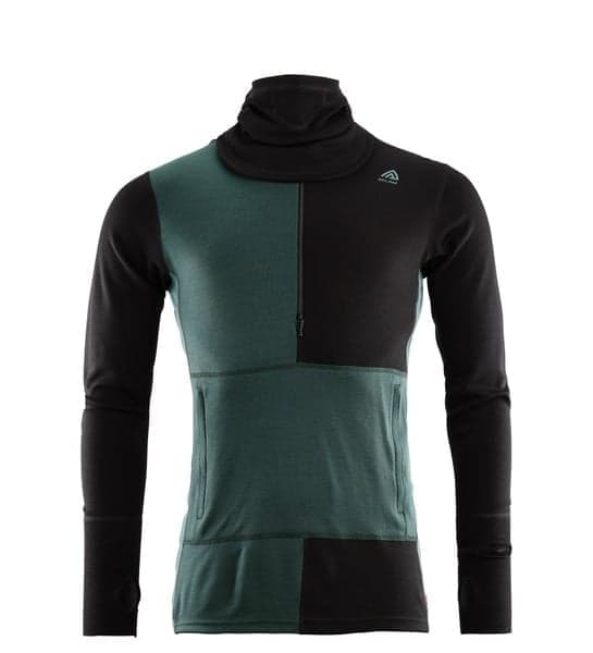 ACLIMA MENS WARMWOOL HOOD SWEATER W/ZIP Jet Black/Green Gables Medium