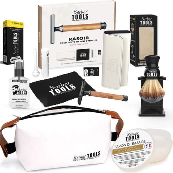 Rakhysets - BARBER TOOLS - Säkerhetshyvel - 40 dubbla blad - Skäggborste - Rakskum 150ml