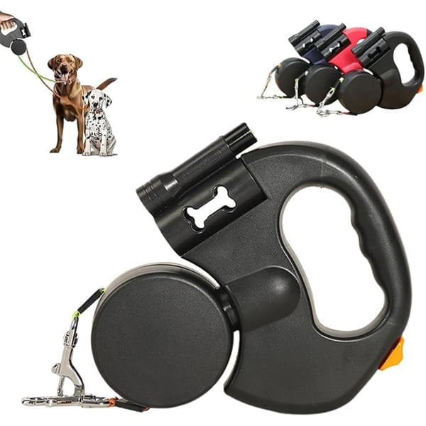 Dubbelt Hundkoppel: Infällbart Koppel för Två Hundar med Trasselfri Design, 3m Längd Black