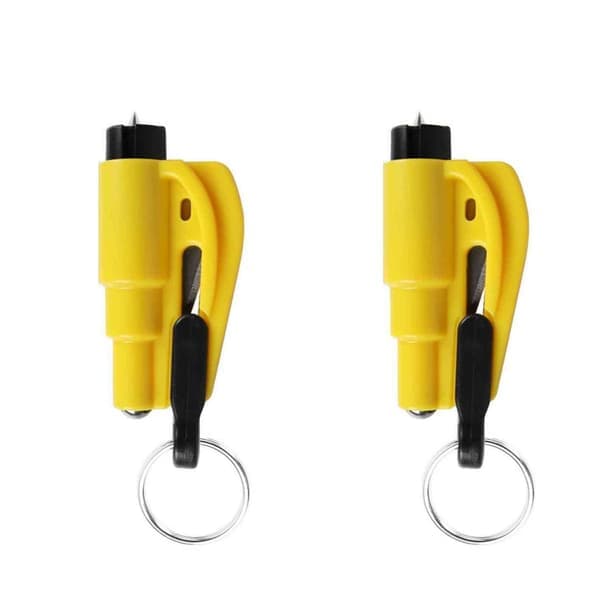 2-pack bilfönsterkrossare med nödevissla och ABS mini flykthammare på nyckelring, portabelt säkerhetsverktyg för fordon Yellow