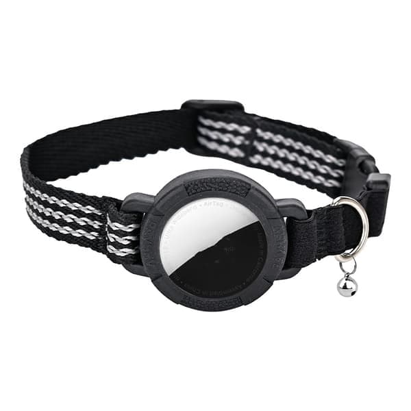 AirTag kompatibelt svart nylon katt- och husdjurskoppel med reflex för spårning och förlustskydd XS