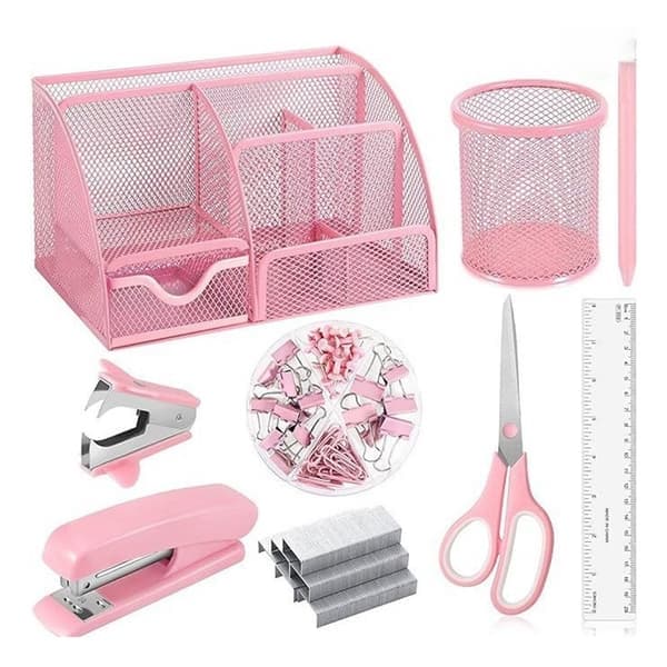 Rosa Häftapparatsset - Kontorsmaterialkit med Häftborttagare, Tejpdispenser och Tillbehör