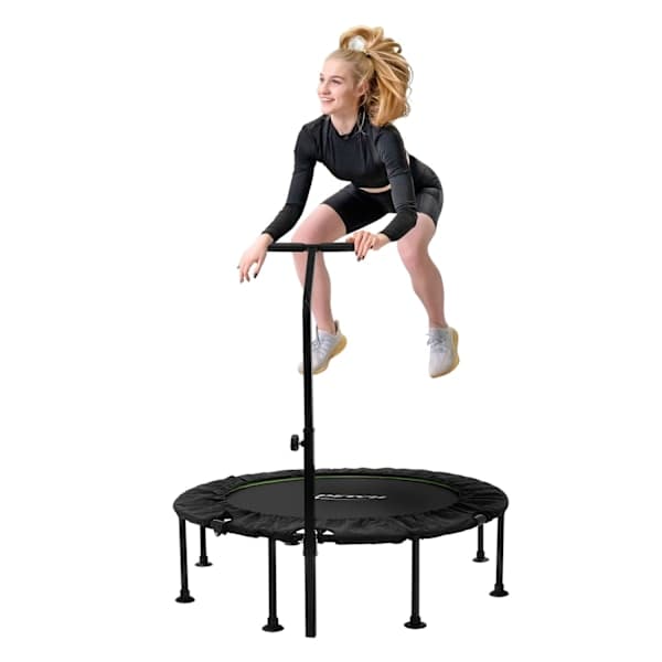 Hauki Fitness Trampolin Inomhus hopfällbar Grön Ø122 cm, Tyst studsmatta med höjdjusterbart handtag, Minitrampolin Bungees Träning Övning