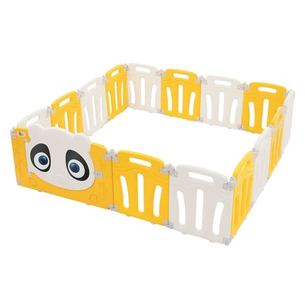 Joyz lekgrind baby 160×160 cm, vikbar lekgrind, pandadesign, vit/gul, barriärgrind med dörr och inlärningsklocka, lekgrind i plast, babystaket,