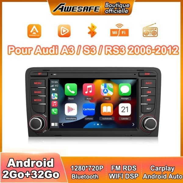AWESAFE Bilradio Android 13 för Audi A3 8P S3 RS3 Sportback [2Go+32Go], 7 Tum Pekskärm med GPS Carplay Android Auto, Wi-Fi