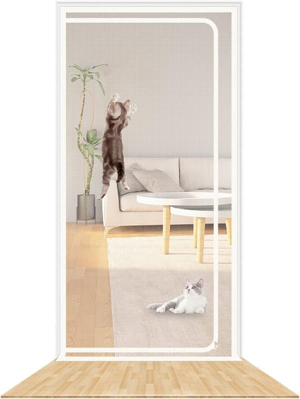 Förstärkt kattnätdörr, husdjurssäker, myggsäker, andningsbar, med dragkedja, håller hundar och katter ute, vit (passar dörr 90 x 210 cm)