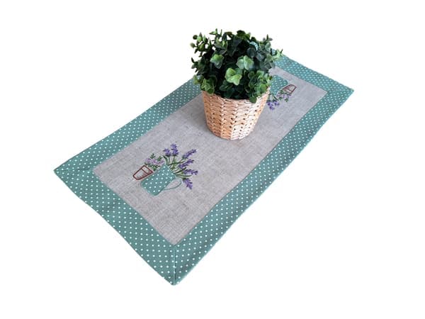 Broderad bordslöpare 35/70 för bord eller byrå Broderad lavendelgrön rand
