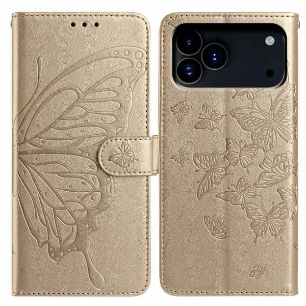 iPhone 17 Pro Max-fodral med fjärilsmönster, plånboksstativ, veganskt läder, flip-telefonfodral med rem - Guld