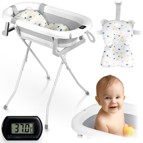 Hopfällbart badkar för barn, spädbarn med ram, termometer och insats Ricokids RK-287 vit och grå