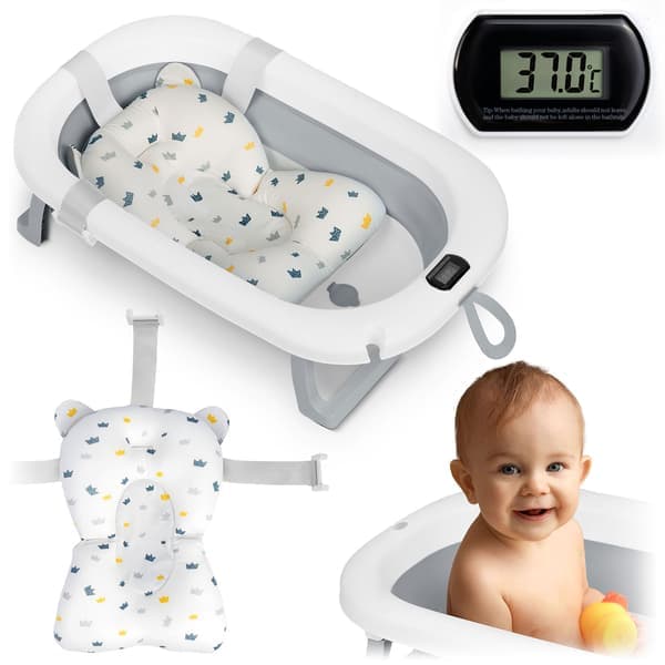 Hopfällbart badkar för barn, spädbarn med termometer och insats Ricokids RK-287 vit och grå