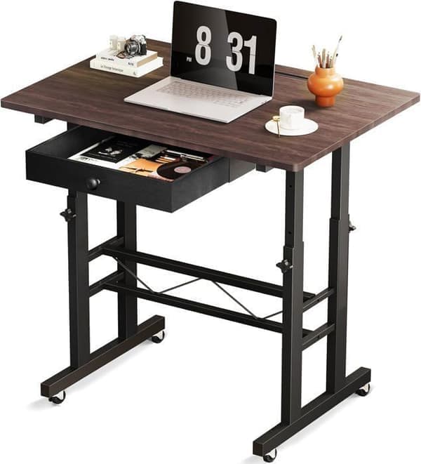 Skrivbord stående-sittande - GTPLAYER - Skrivbord Stående Sittande - 80×50 cm - Justerbar 73–115 cm - Förvaring & hjul