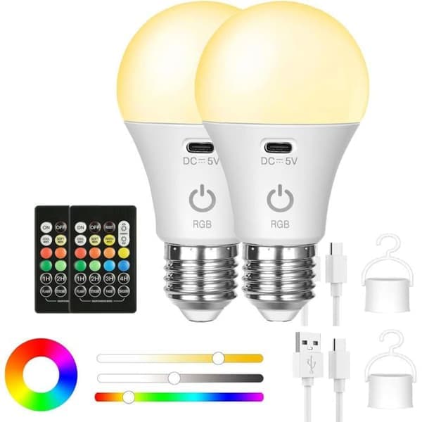 Två uppladdningsbara E26 RGB LED-lampor med fjärrkontroll - 8 färger och dimbart vitt ljus (2700K-6000K) - 270° nödbelysning
