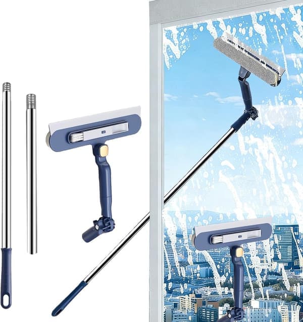 2-in-1 Extendable Window Cleaner - 120 cm Telescopic Squeegee & Scrubber, Rotating Head for Windows, Mirrors & Showers - Blue