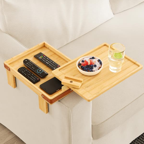 Swivel Sofa Arm Table Tray - 2-Tier Clip-On Couch Tray with Storage Compartment - Wooden Side Table for Living Room