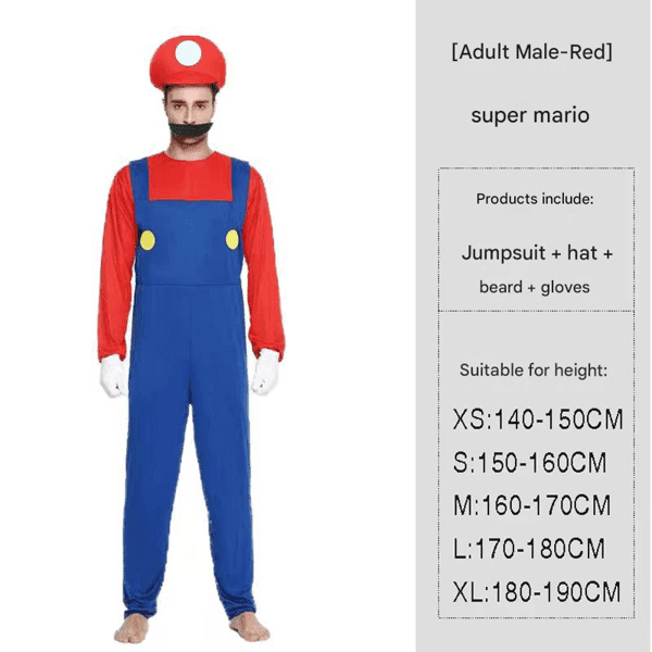 Super ario Bros. Maskeraddräkt för Vuxna Män Cosplay Kostym Röd M Red