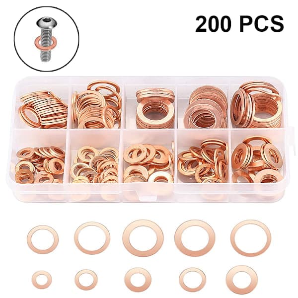 200 st platta kopparbrickor sortiment set M5-M14 O-ring koppar