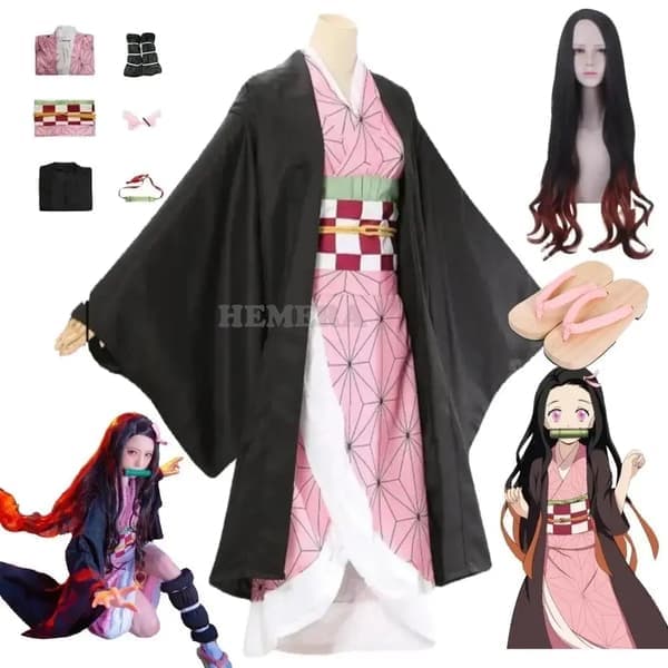 Kamado Nezuko Cosplay Kostym Anime Kimono Kamado Nezuko Peruk Uniform Halloween Kvinnor Barnkläder child 140 z