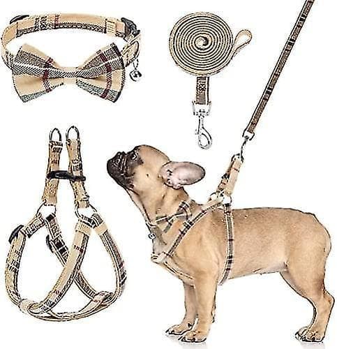 Hundsele med koppel och fluga krage set - Beige rutig valpsele, rymningssäker justerbar N