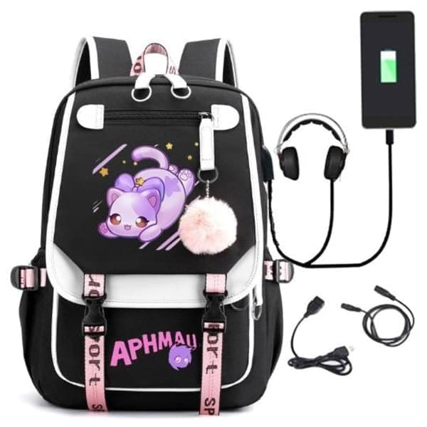 Aphmau Ryggsäck Barn Ryggsäckar Skolväska med USB-port 1 st Svart svart