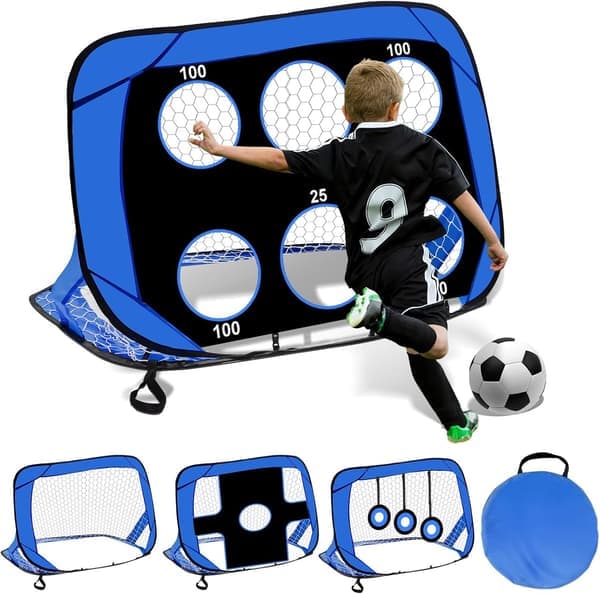 4-i-1 Hopvikbart Fotbollsmål, Fotbollsmål Hopvikbart, Bärväska, Fotbollsmål för Barn, 120×80×80cm, Svart + Blå