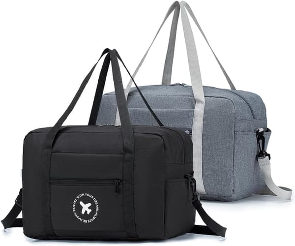 2-pack kabinväska 40x20x25 Resväska Fällbar Understol Vattentät Weekendväska Lätt Handbagage med Axelrem, Svart＋Grå