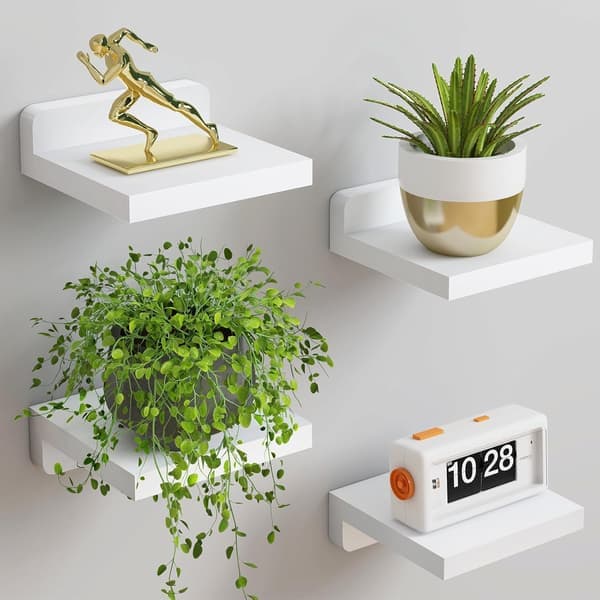 [2F]Små flytande vägghyllor 4-pack 13 × 13 cm – Rustika trähyllor för sovrum, vardagsrum, kök och badrum vita