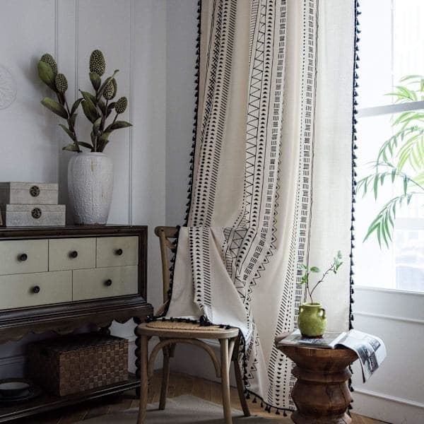 Boho Fönstergardinpanel i Bomull och Linne med Tofsar och Stångficka