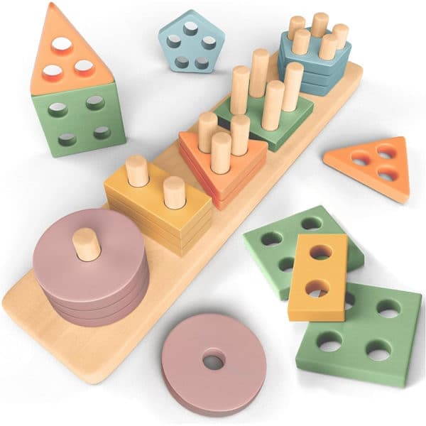Montessori Staplings- och Sorteringsleksaker 1 2 3 Šr - Aktivitets- och Utvecklingsleksak i Trä med Pastellfärger - Montessori Leksaker för 1