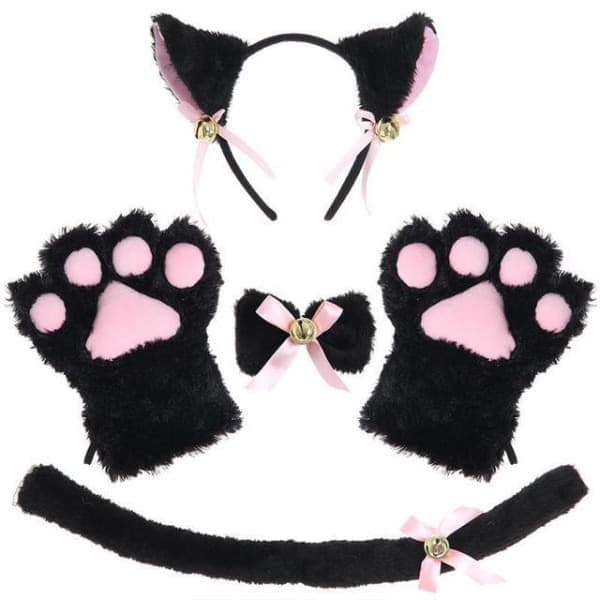 Katt Cosplay Kostym Set - Kattunge Svans, Öron, Krage, Tassar, Handskar - Halloween Tillbehör (5 st)