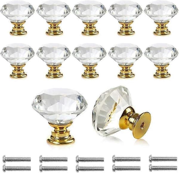 12 Stycken Dörrknoppar Handtag Transparent Diamant Kristallglas Dörrar Skåp Låda Garderob Dekoration Med Skruvar 30mm (12st, Guld)