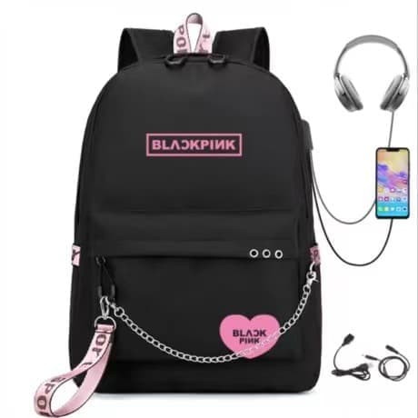 Svart Rosa Ryggsäck USB Laddningsbar Ryggsäck Student Skolväska