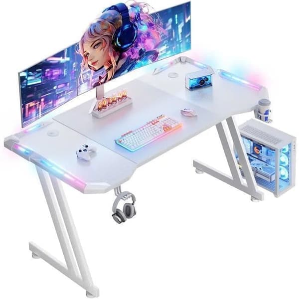 Bureau Gaming EcoFurnix 140 x 60 cm - Repellerande mot repor - Ergonomisk - Vit LED