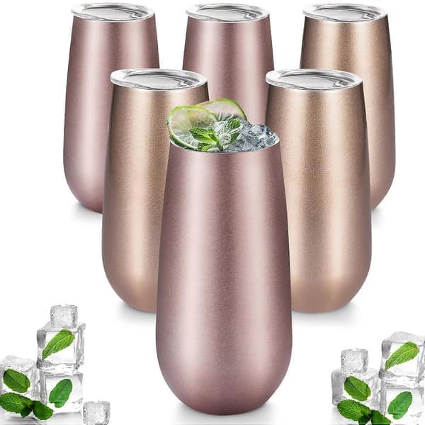 Champagne Tumbler Stemless Flutes 6 delar Dubbelisolerade Rostfria Stål Mini Cocktailmuggar Roseguld för Kaffe Vin 6oz (LGL)