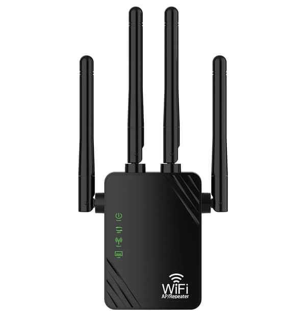 WiFi Extender Signal Booster för Hemmet, Dual Band WiFi Repeater med 4 Externa Antenner, 1200Mbps Internet Extender för Lång Räckvidd, Hög