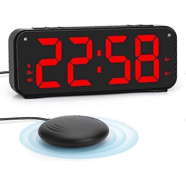 Hög ljudnivå väckarklocka för personer som sover tungt, dubbel väckarklocka med sängvibrator, för sovrum, 6,5 tum stor display med dimmer