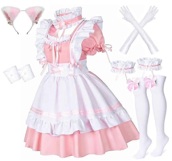 Anime Fransk Hembiträde Förkläde Lolita Maskerad Cosplay Kostym Pälsig Katt Öra Handskar Strumpor Set för Kvinnor-Perfekt