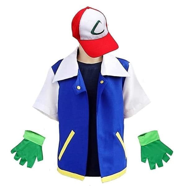 Anime Träningsdräkt för Män Pojkar Ash Ketchum Vuxen Cosplay För Flickor Halloween Blå Jacka Mössa och Handskar Set M