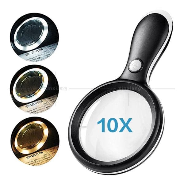 10X Förstoringsglas med 18 LED-lampor - 3 ljuslägen för läsning, hantverk, inspektion - Svart - Perfekt för seniorer och barn