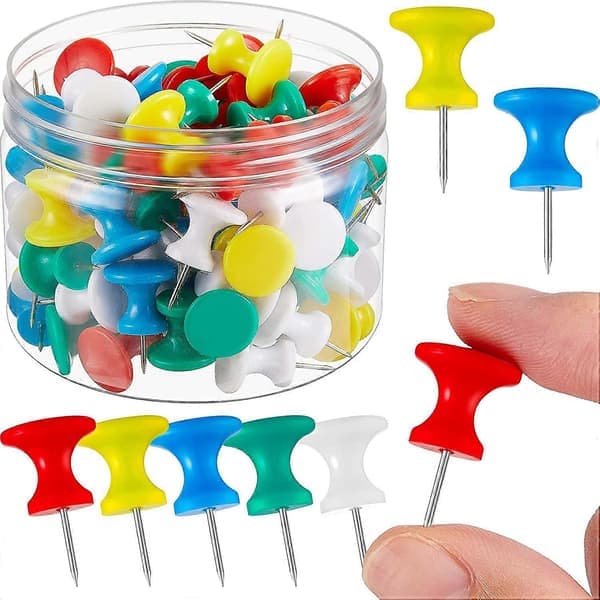 100 stycken Jumbo Giant stora tryckknappar 1 tum Standard tumspikar Stålspets och plast huvud tryckknappar för korktavla (röd, gul, blå, grön,