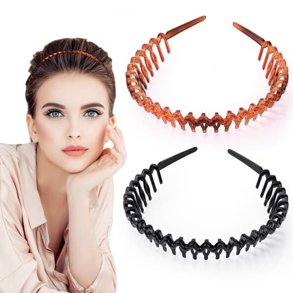 Hårband med tänder för kvinnor och flickor, 2 stycken plast zigzag hårband, vågig kam hårband, flexibla håraccessoarer (svart/brun)