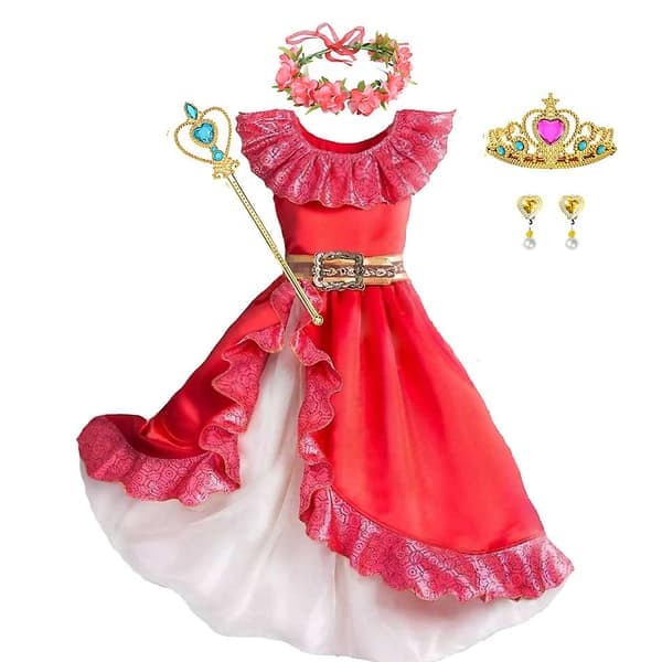 Elena av Avalor Prinsessklänning Flicka Disney Anime Rollspel Kläder Halloween Karneval Cosplay Outfit Barn Röd Volang Lång Klänning Elena Set 02