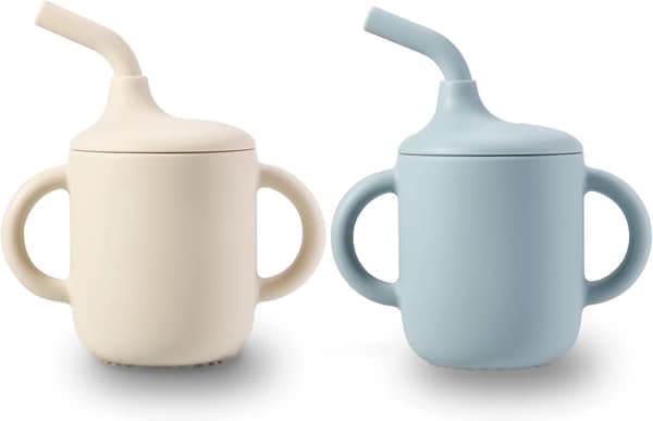2-pack 100% Liten Träningsmugg i Silikon med Handtag & Sugrör för Bebisar och Småbarn (Vit Blå)