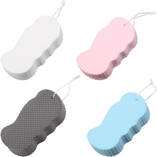 Badsvampar för vuxna och barn - 4-pack dubbelsidig massage duschsvamp med hängsnöre, mjuka kroppssvampar skrubbar