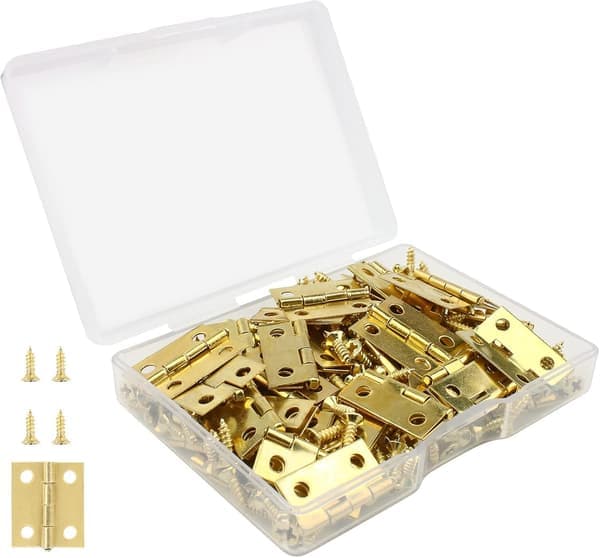 50 stycken Mini Gångjärn för Modellbygge, 18 x 15 mm Små Mässingsgångjärn för Lådor, Smyckeskrin, Skåp, Lådor med 200 Skruvar - Guld